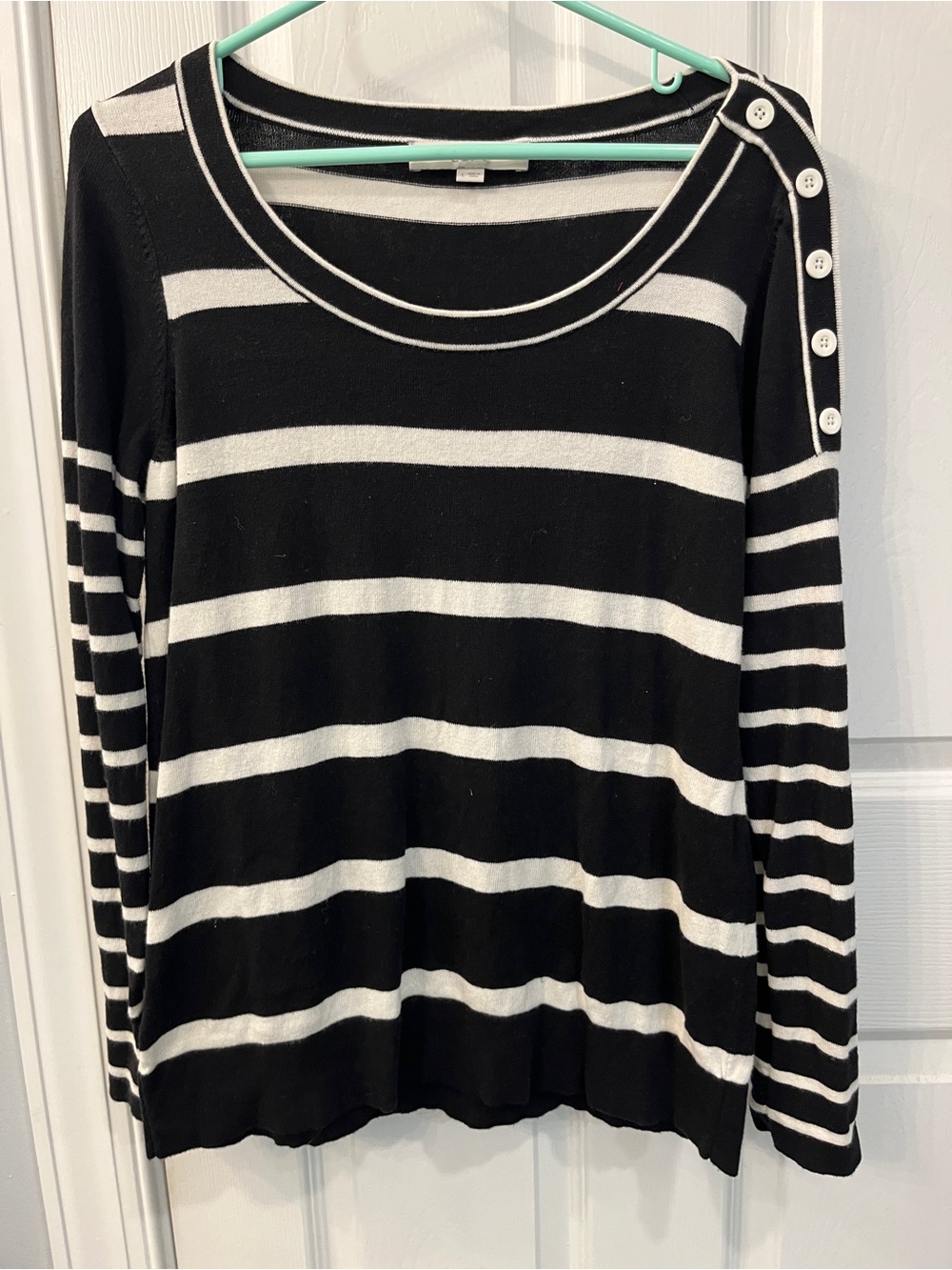 Loft Black & White Striped Long-Sleeve Button-Shoulder Sweater